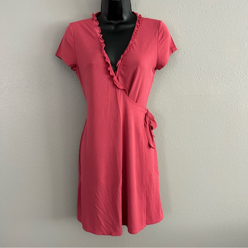 Vintage BCBG Mauve Pink Wrap Dress Size S Ruffle Lettuce Hem Neckline Y2K Barbie